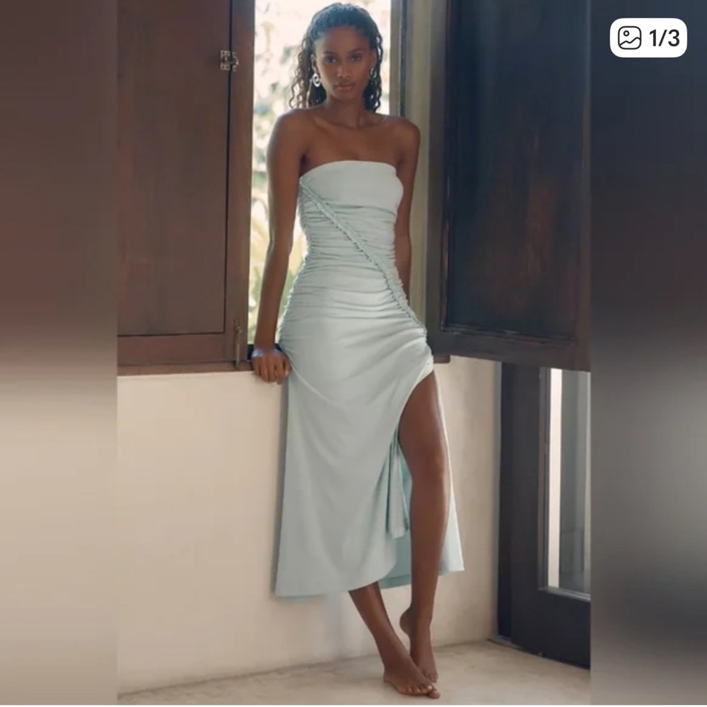 Anthropologie Strapless Light Blue Ruched Midi Dress